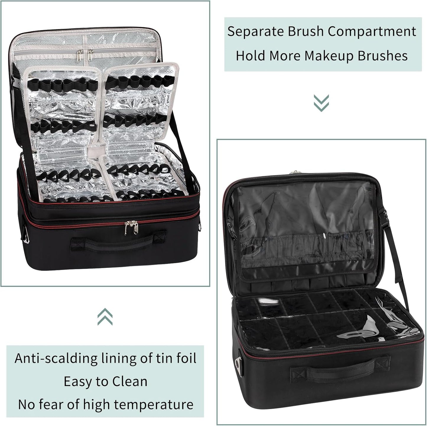 Makeup Train Case Organizer, OCHEAL Makeup Bag Travel Cosmetic Case Portable Artist Storage Bag with Washable Plastic Divider for Lipstick Storage Makeup Brushes Toiletry Accessories Black