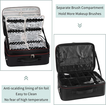 Makeup Train Case Organizer, OCHEAL Makeup Bag Travel Cosmetic Case Portable Artist Storage Bag with Washable Plastic Divider for Lipstick Storage Makeup Brushes Toiletry Accessories Black
