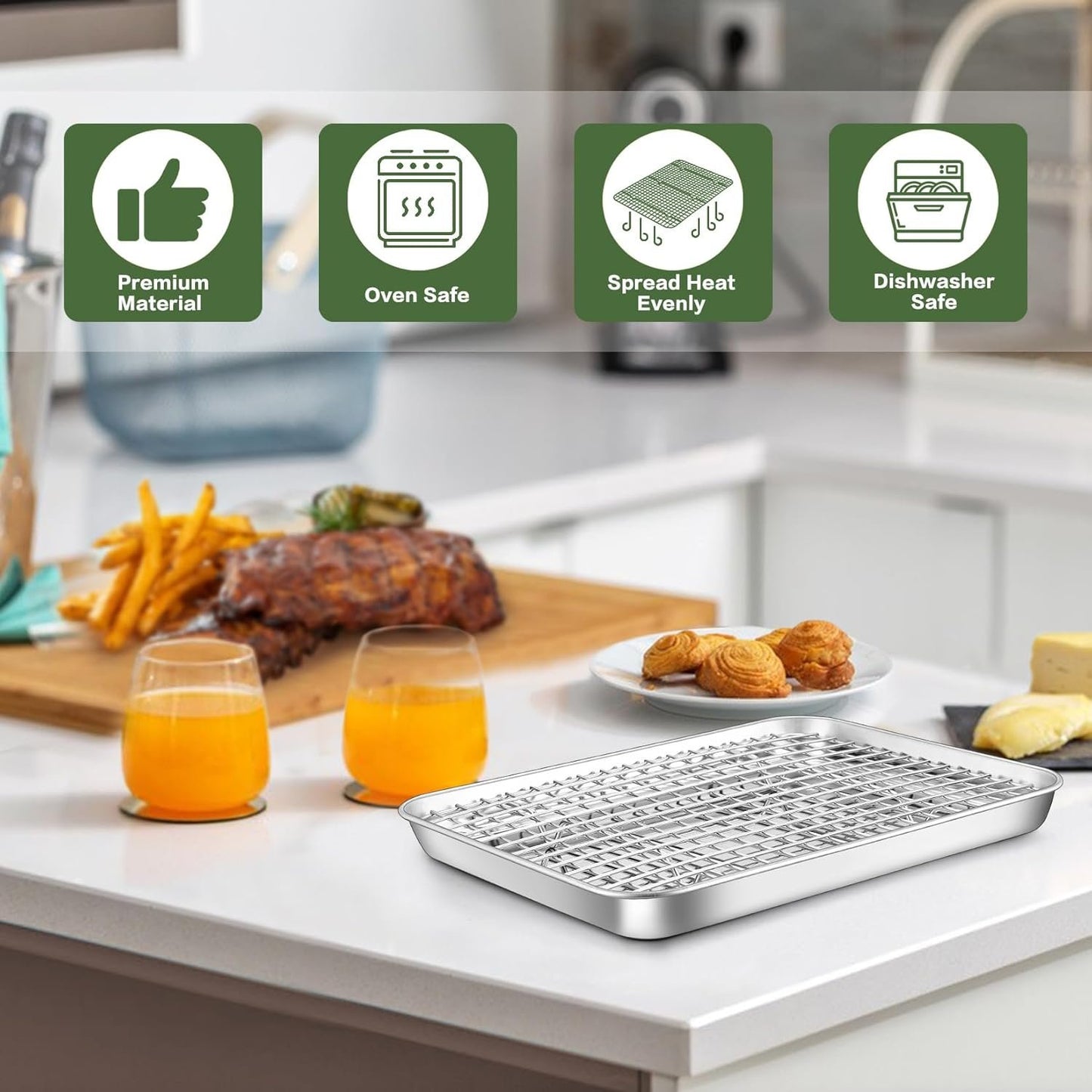 10.4 Inch Baking Pan with Rack Set, Joyfair Stainless Steel Rectangular Toaster Oven Cookie Pan with Cooling Rack, Professional Bakeware, Extra Thick & Rolled Rim, Dishwasher Safe