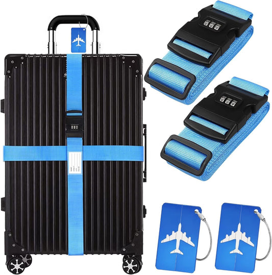 4Pcs Luggage Strap Set, Heavy Duty Case Straps, Adjustable Code Suitcase Belts Name Tags Cross Combined Locks with Name Tags, for Security Travel Customize Suitcase Style (Blue)