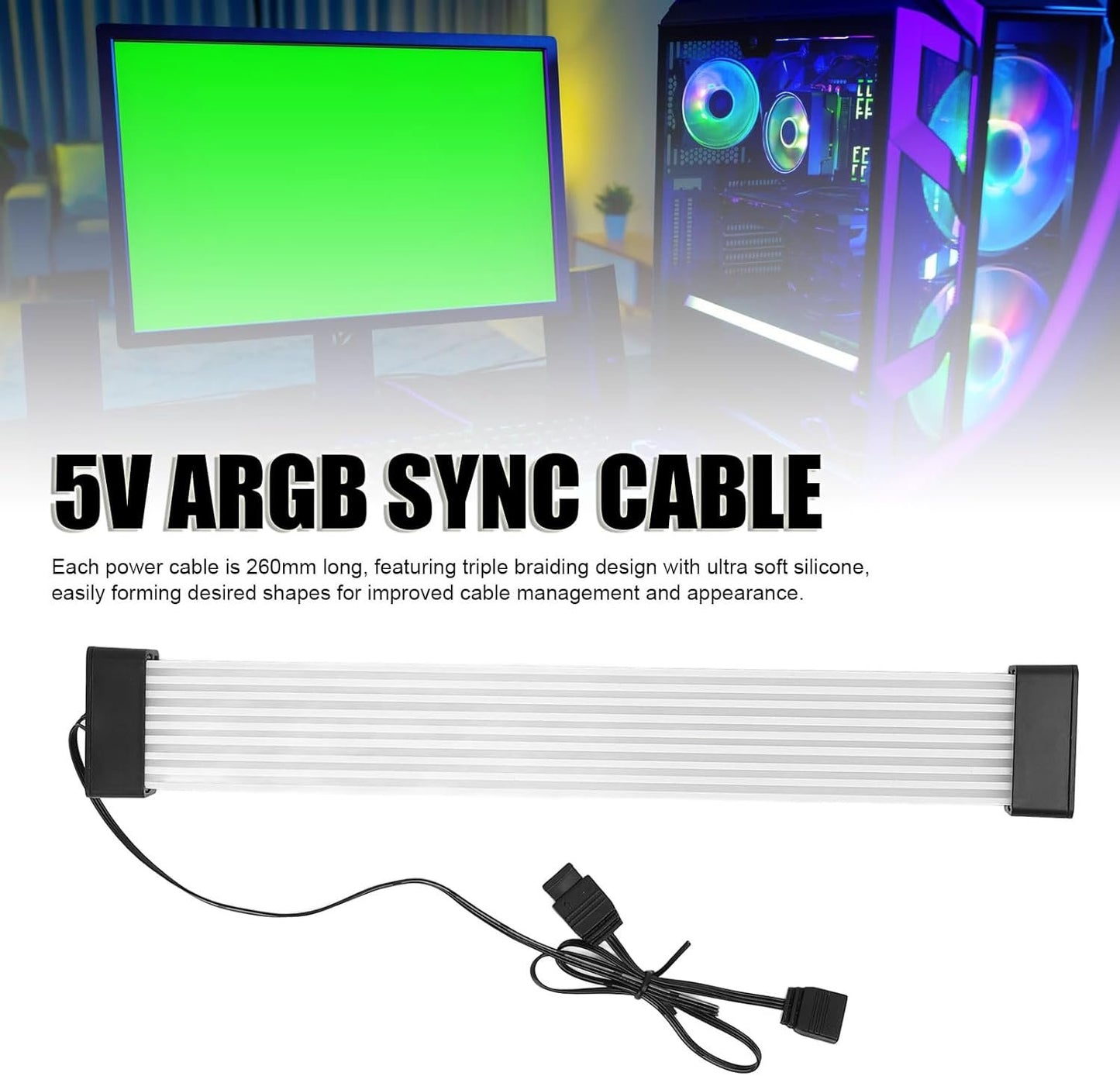 Jectse ARGB Lighting Strip, 260mm 5V Sync Cable Extension Kit, 8 Pin to 2x8 Pin, Black Head, Indoor, LED, PC Cable Kit