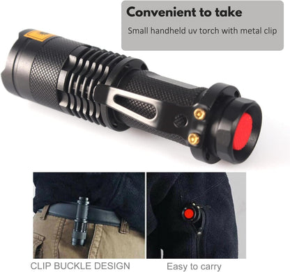 UV Torch,T Tersely UV Light Ultraviolet LED Flashlight Blacklight Portable Flashlight Torches 395nm LED Black Light Mini Flashlights Detector Zoomable with Clip SK68(AA Batteries Not Included)