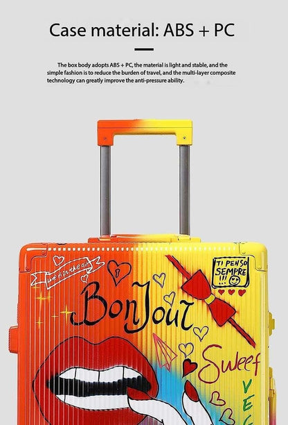 Practical Luggage Large Capacity Suitcases with Wheels Fashion Graffiti Luggage Adjustable Trolley Carry On Luggage Security Combination Lock Easy to Move