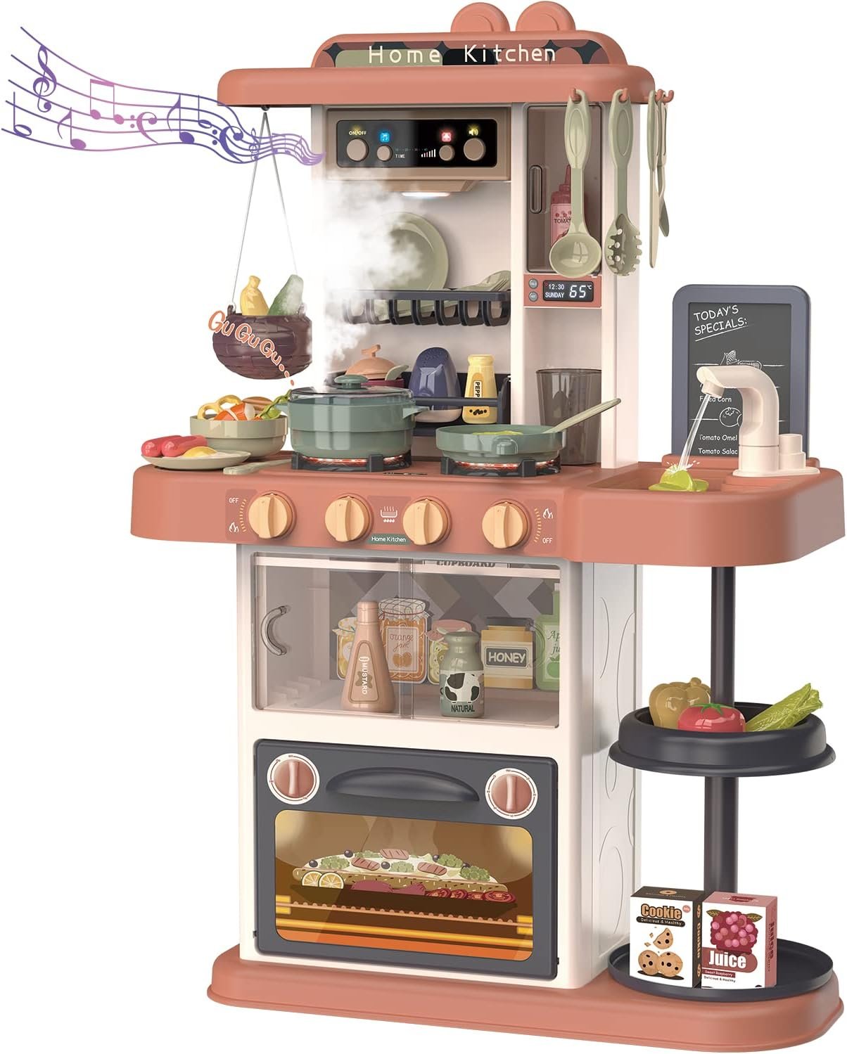 PanKome Kitchen Toy for Kid, Kitchen Playset Pretend Food - Toy Accessories Set w/ Real Sounds & Light, Play Sink, Cooking Stove with Steam, 44 PCS Kitchen Toys for Toddlers Kids, Girls & Boys (Orange)