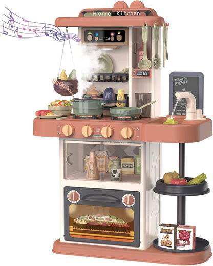 PanKome Kitchen Toy for Kid, Kitchen Playset Pretend Food - Toy Accessories Set w/ Real Sounds & Light, Play Sink, Cooking Stove with Steam, 44 PCS Kitchen Toys for Toddlers Kids, Girls & Boys (Orange)