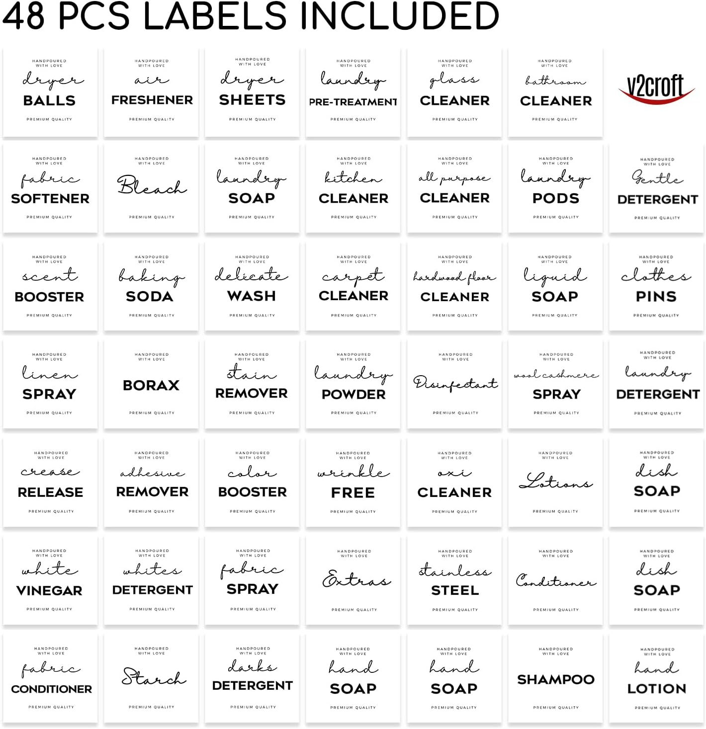 Minimalist Laundry Room Labels set, v2croft 48 White matte stickers on Clear Canisters, Home organization Stickers for cabinet & drawer, laundry room, linens & cleaning supplies(Water Resistant)