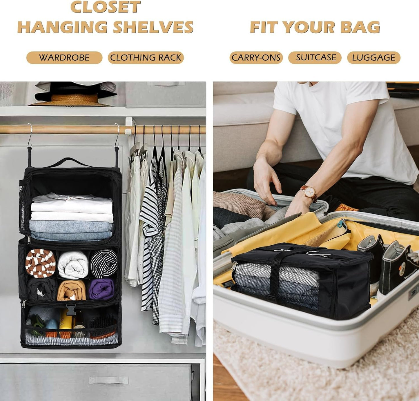 Surblue Hanging Shelves Travel Storage Bag Compression Packing Cube for Suitcase Portable Closet Organizer Collapsible with Extension Layer Large Capacity,Black,XL