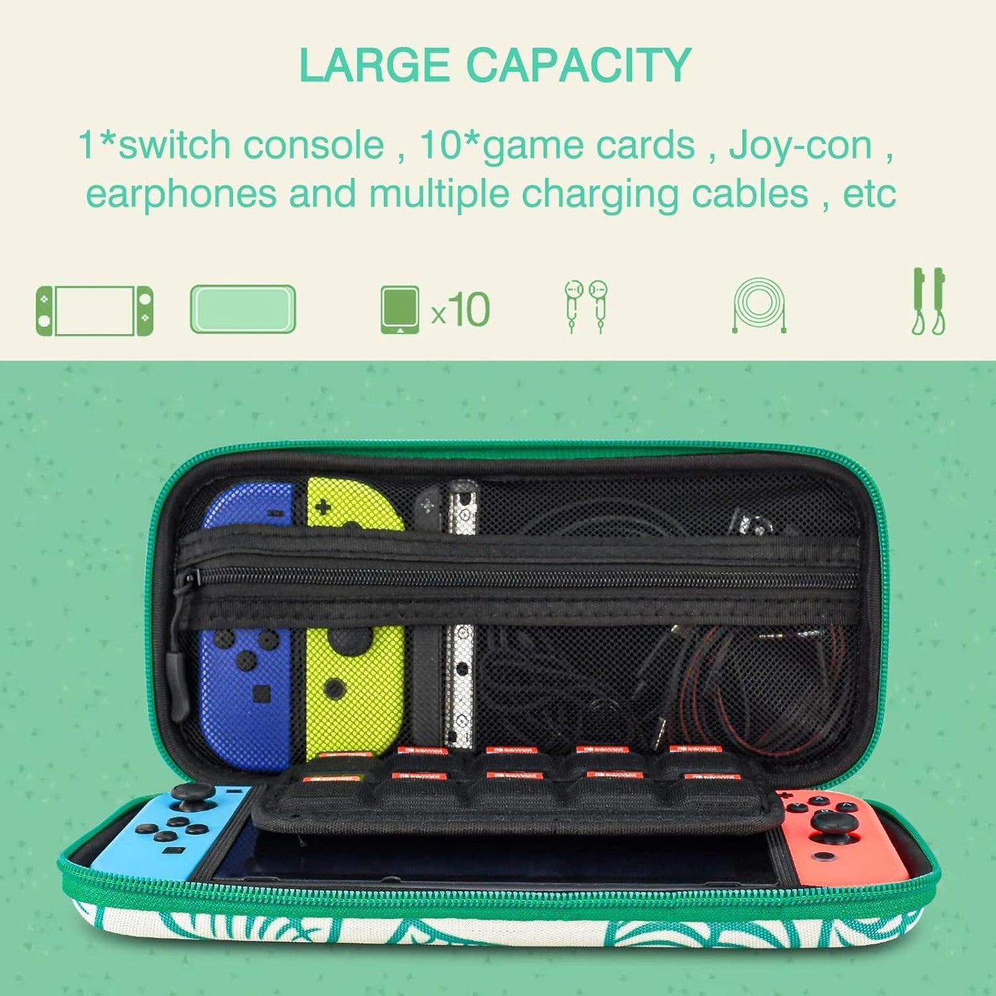 DLseego Animal Crossing Switch/Switch OLED Carrying Case Protective Hard Shell 10 Game Card Slots Slim Travel Storage Bag Switch/Switch OLED Accessories with 4PCS New Leaf Thumb Grips Caps