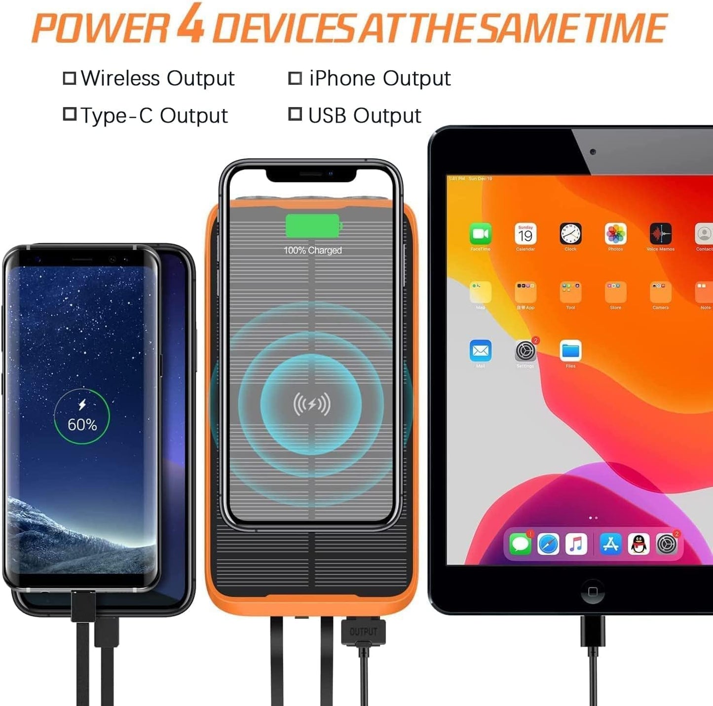 2025 Upgraded Solar Power Bank, 26800mAh with 4x Foldable Solar Panels Built-in 2 Output & 1 Input Cables PD 20W QC3.0 18W Fast Charging and Qi 10W Wireless Charging 6W Solar Charging Portable Charger