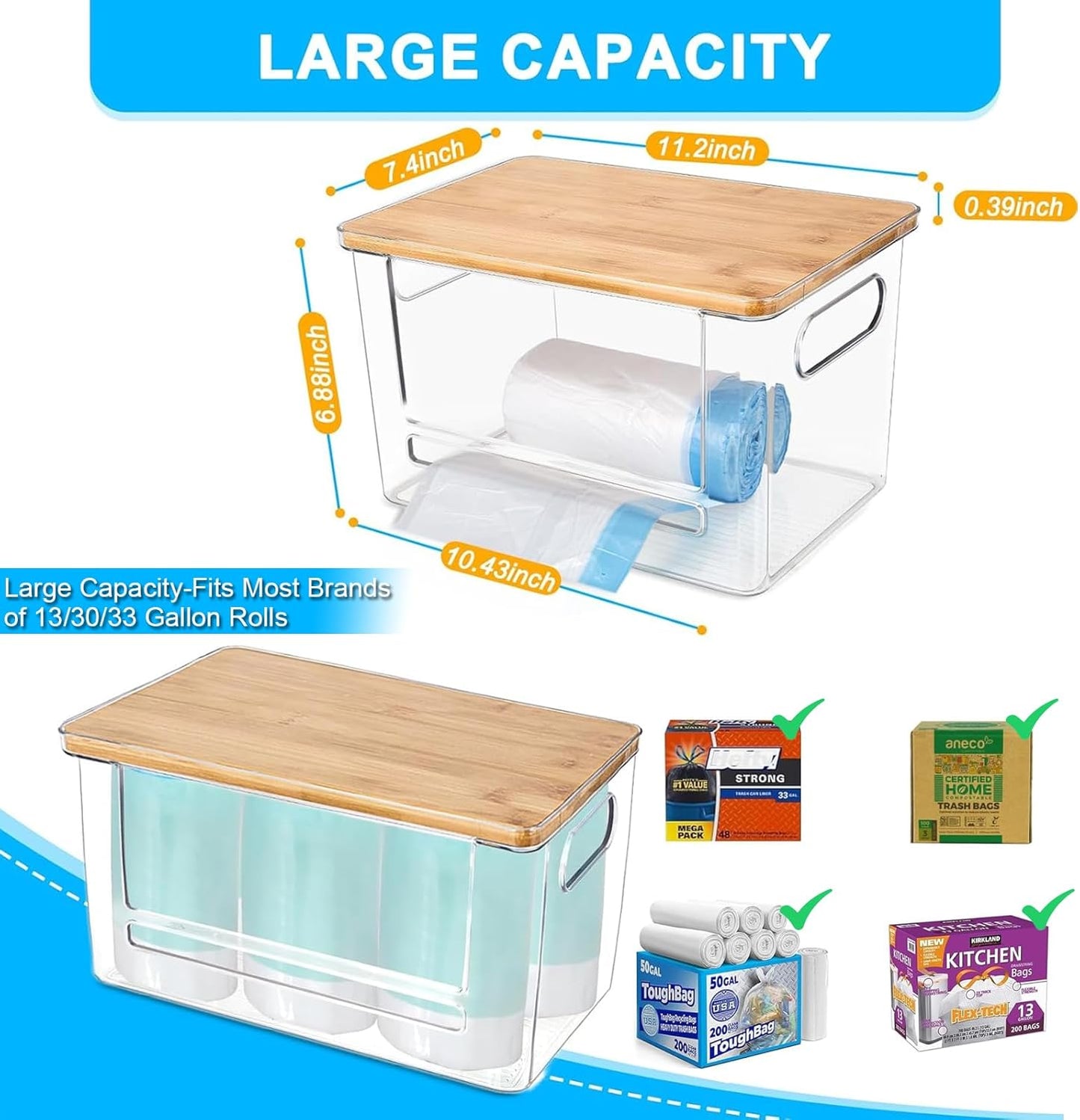 Riian Trash Bag Dispenser, Extra Large Trash Bag Holder Dispenser Roll Holder, Acrylic Pantry Organizers with Bamboo Top and Handles for Kitchen Laundry Room Organization (1 Pack)