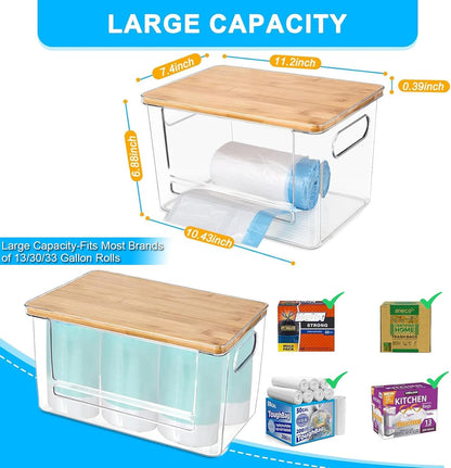 Riian Trash Bag Dispenser, Extra Large Trash Bag Holder Dispenser Roll Holder, Acrylic Pantry Organizers with Bamboo Top and Handles for Kitchen Laundry Room Organization (1 Pack)