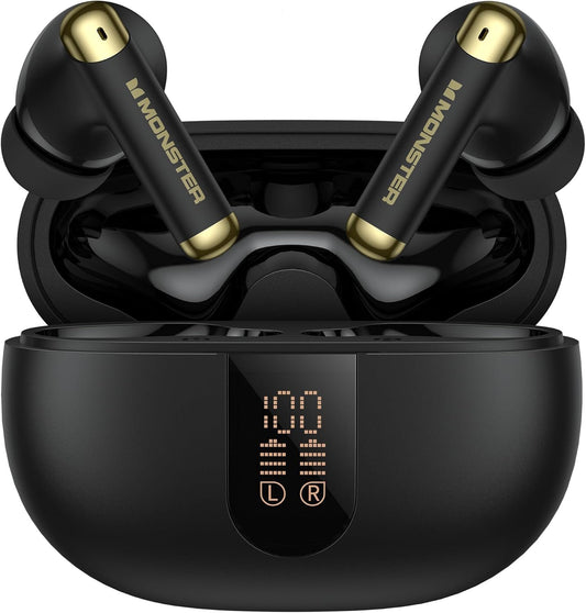 Monster N-Lite 211 Wireless Earbuds， Bluetooth 6.0 Stereo Headphones with Noise-Cancelling Mic and LED Display, Built-in Mic for Clear Calls, Waterproof Design for Sports