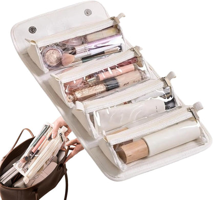 Toiletry Roll Up Travel Bag | Large Capacity Leather Waterproof Cosmetic and Makeup Bag | Open Flat 4 Detachable Clear Compartment Portable Toiletry Bag Pouch with Handle for Accessories, white,
