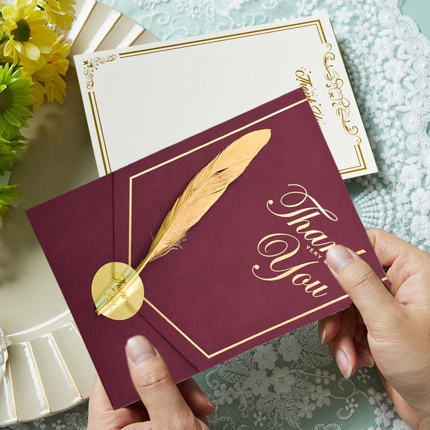 VANRA 10 Sets Stationery Paper with Envelopes Set Letter Writing Paper Envelopes with Feather for Thank You Letter, Invitations, Graduation (10 Writing Stationery Paper + 10 Wine Envelopes)