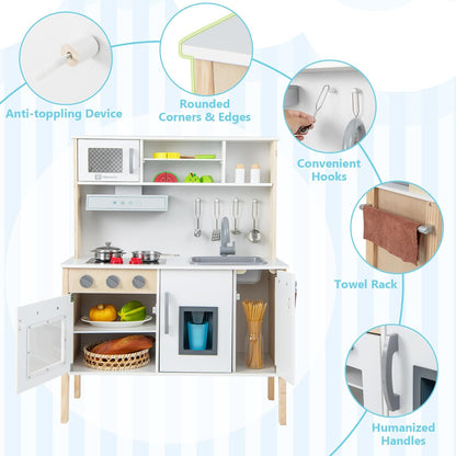 HONEY JOY Kids Kitchen Playset, Wooden Pretend Play Kitchen w/Microwave, Range Hood, Stoves, Play Sink, Oven, Ice Maker and 18 Accessories, Knobs with Sounds, Toy Kitchen with Towel Rack for Toddlers