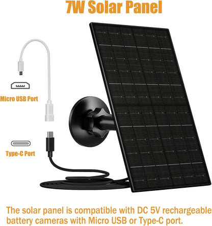 Vuebee 7W Solar Panel for Security Camera, USB C Solar Panel Charger for Camera, USB Solar Panel Compatible with Eufycam & DC 5V Rechargeable Battery Camera, IP65 Waterproof, 9.8ft Charging Cable
