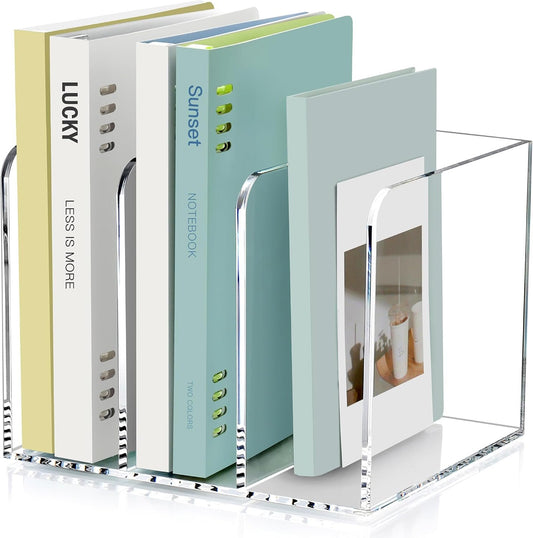 SANRUI Acrylic Magazine Holder Desk Organizer Workspace Sorters，Clear Bookend File Sorter Holder，Folder Rack, Office Accessories Organization Storage with 3 Vertical Compartments