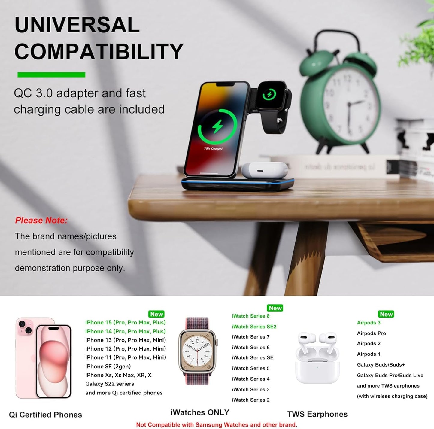 Minthouz 3 in 1 Wireless Charger (18W QC3.0 Adapter Included),15W Fast Wireless Charging Station for Smart Phone/iWatch/TWS Earphones, Compatible with iPhone 15 14 13 12 11 X8 Series, Samsung S22-S21+