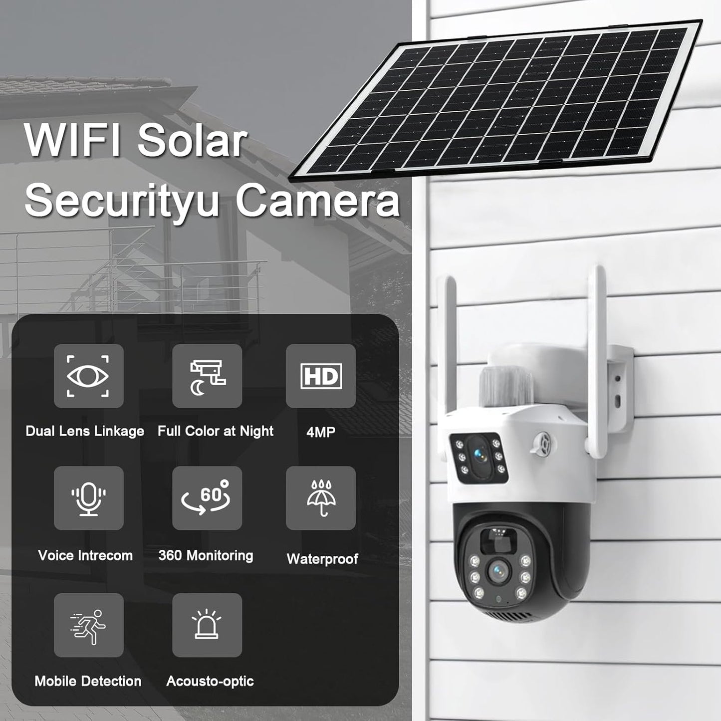 LucZeng Solar Security Cameraã€Dual Lensã€‘,15600mAh Battery WiFi Solar Camera Security Outdoor Wireless 2K, 355Â°P 120Â°T Sound Light Alarm, Colour Night Vision, PIR Motion Detection, 2 Way Talk, IP66