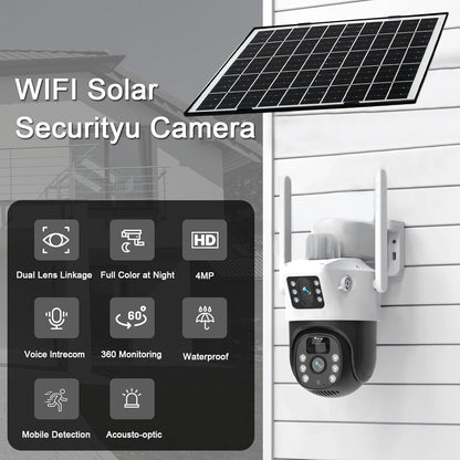 LucZeng Solar Security Cameraã€Dual Lensã€‘,15600mAh Battery WiFi Solar Camera Security Outdoor Wireless 2K, 355Â°P 120Â°T Sound Light Alarm, Colour Night Vision, PIR Motion Detection, 2 Way Talk, IP66