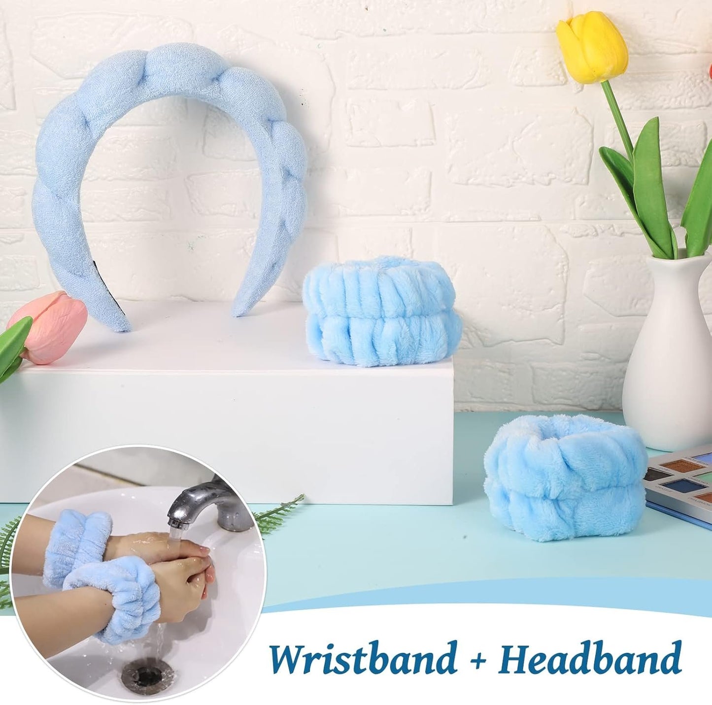 Skincare Headbands, Sponge Spa Headband for Women Blue Makeup Headband for Washing Face Spa Headband and Wristband for Women Teen Girl Gifts Trendy Stuff