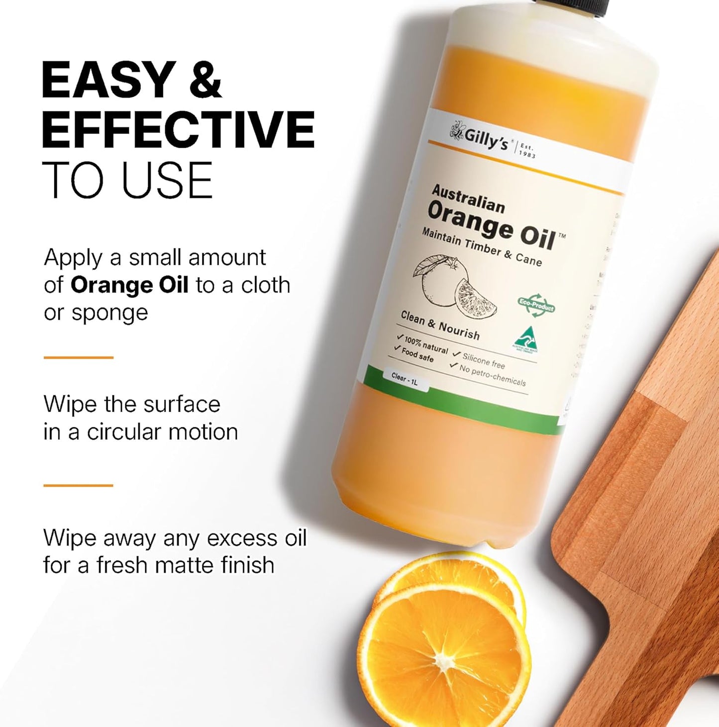Gilly's Orange Oil 1 Litre | All-Purpose Natural Finish for Wooden Chopping Boards, Cutting Boards & Furniture | Essential Oil Blend for Cleaning, Restoring Cane, Bamboo & Wooden Surfaces