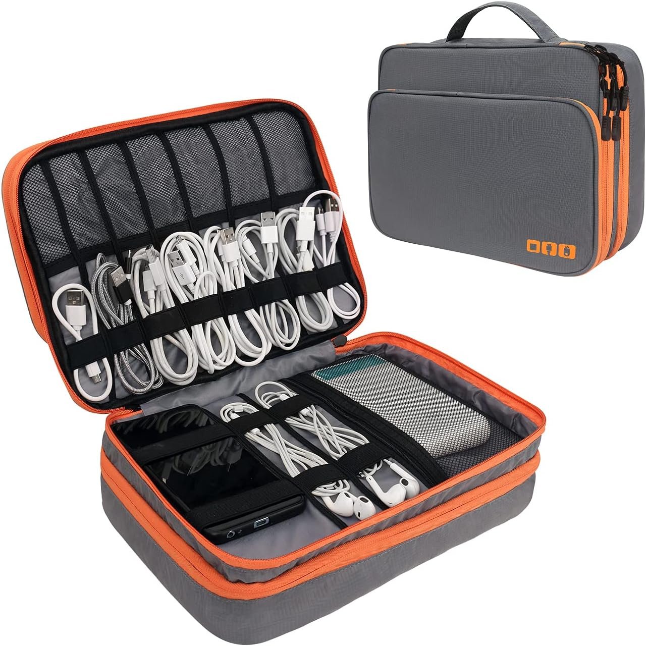 Travel Cable Organizer Bag, 3 Layer X-Large Capacity Electronics Accessories Cord Storage Case Bag for Cables, SD Card,Chargers, Power Bank, Cellphone,Tablet, Grey, X-Large