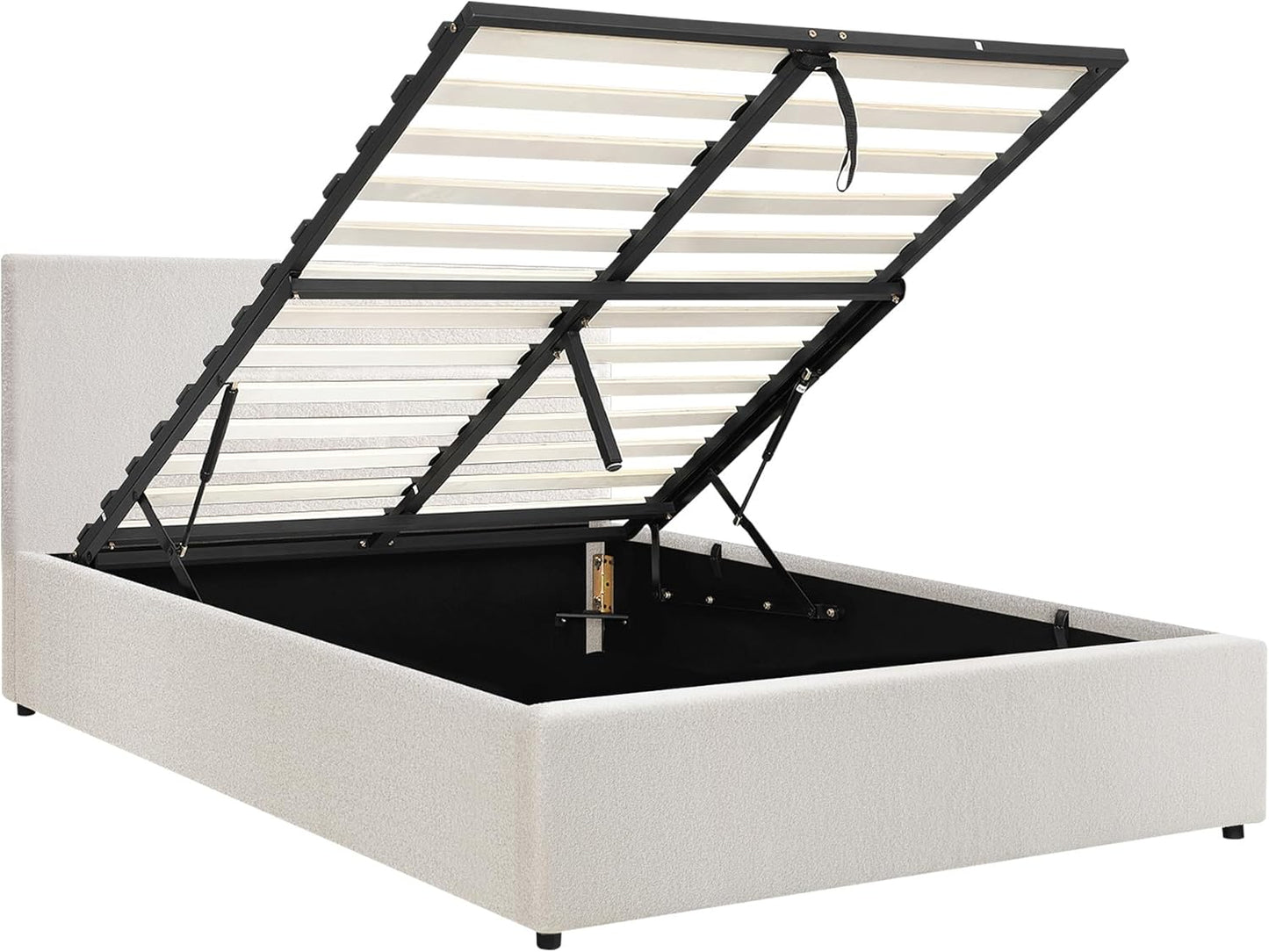 OIKITURE Bed Frame Gas Lift Base with Storage Space, Wooden Bed Frame Platform with Headboard White, Double Size, 195.5cm x 137cm x 88cm