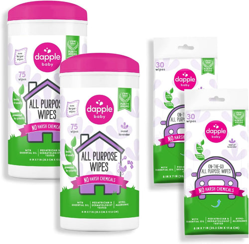 All Purpose Wipes by Dapple Baby, Hypoallergenic Cleaning Wipes Powered by Plants, Hint of Lavender, 75 Count Canister (Pack of 2) + 30 Count (Pack of 2)