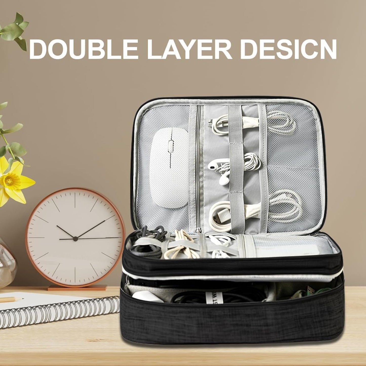Cable Organiser Bag, T Tersely Double Layer Electronics Travel Organizer Storage Bag, Universal Traveling Gear Accessories Carrying Case Pouch for iPad mini Cables Phone Chargers Adapter Hard Drive