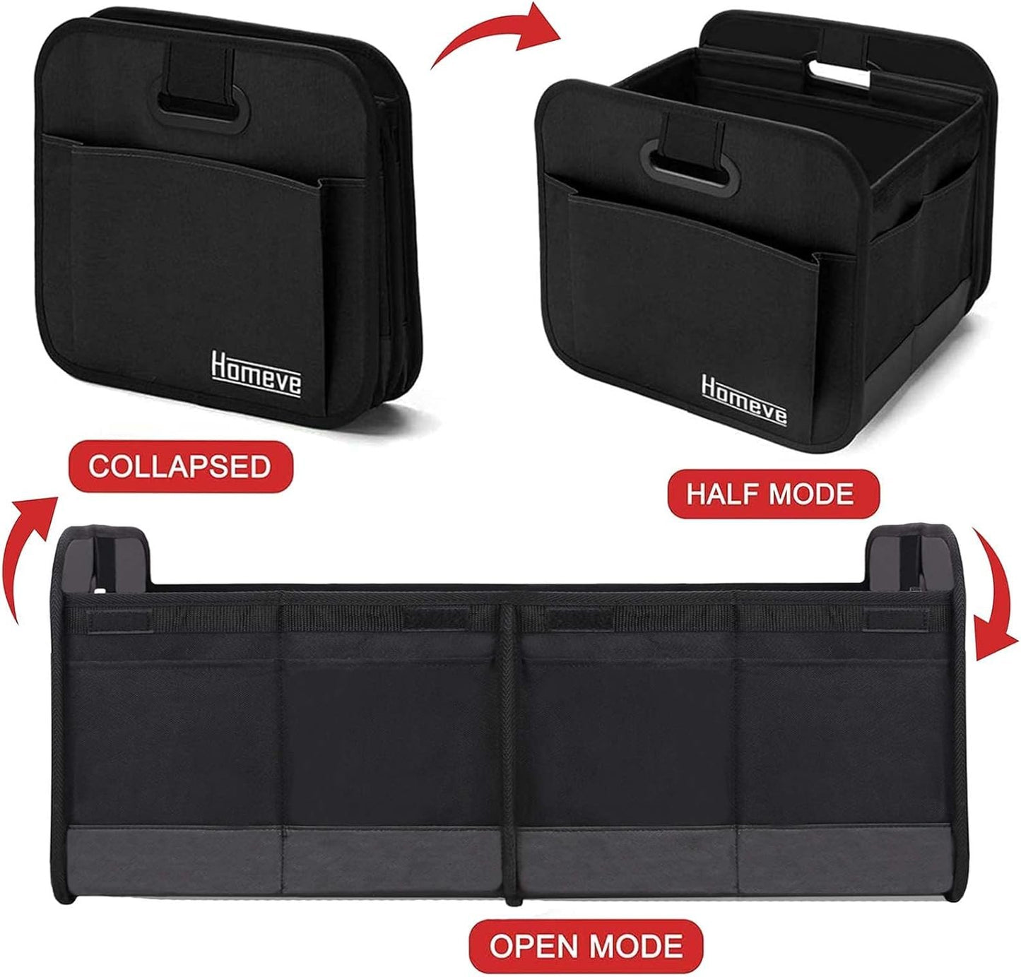 Homeve 2 Pack Trunk Organizer for Car, Reinforced Handles, Collapsible Multi-Compartment Car Organizers, Foldable and Waterproof, 600D Oxford Polyester, Suitable for Any Car, SUV, Mini-Van, Black