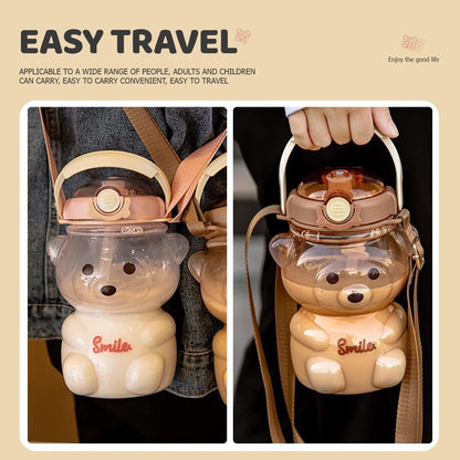 YOLUFER Kawaii Transparent Water Bottle Cute Bear Water Bottles with Straw Water Bottle with Adjustable Shoulder Strap Drinking Cups for Sports Camping Picnic Hiking Travel (35oz) (Coffee)