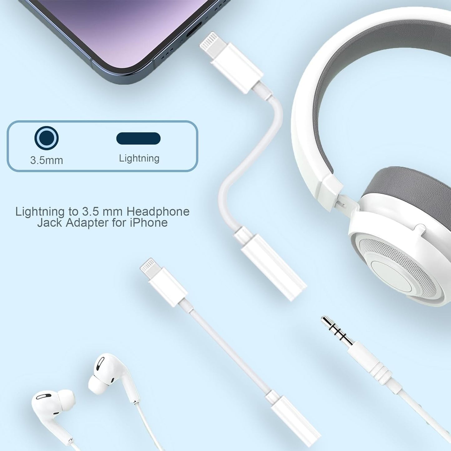 Apple MFi Certified 2 Pack Headphone Adapter for iPhone, Lightning to 3.5 mm Headphone Jack Adapter for iPhone Converter Dongle Audio Cable Compatible with iPhone 14 13 12 11 X XS 8 7