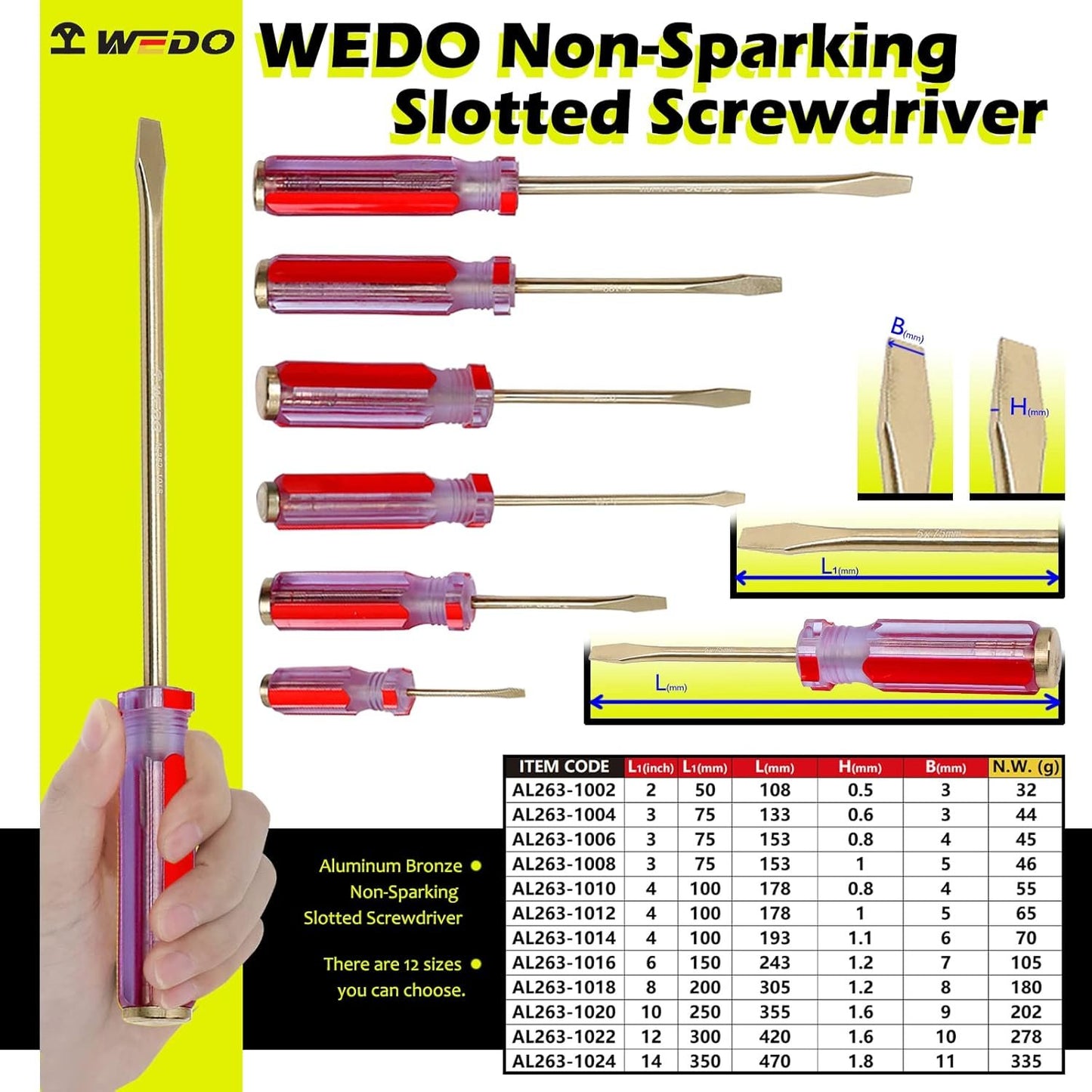 WEDO Non-Sparking Slotted Screwdriver, Spark-free Safety Flat-head Screwdriver, Aluminum Bronze, DIN Standard, BAM & FM Certificate, 12Inch, 8 * 200mm