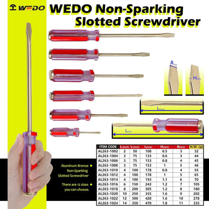 WEDO Non-Sparking Slotted Screwdriver, Spark-free Safety Flat-head Screwdriver, Aluminum Bronze, DIN Standard, BAM & FM Certificate, 12Inch, 8 * 200mm