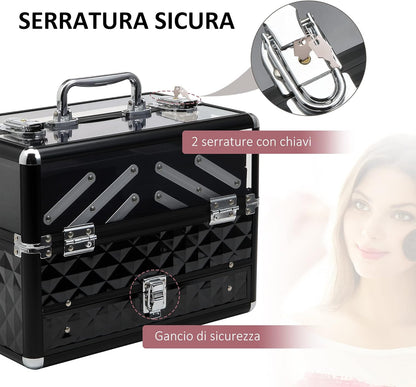 HOMCOM Professional Travel Makeup Case, Makeup Case with Removable Trays and Lock, for Women's Travel Makeup Beauty Case, 30 x 18.5 x 22 cm, Black