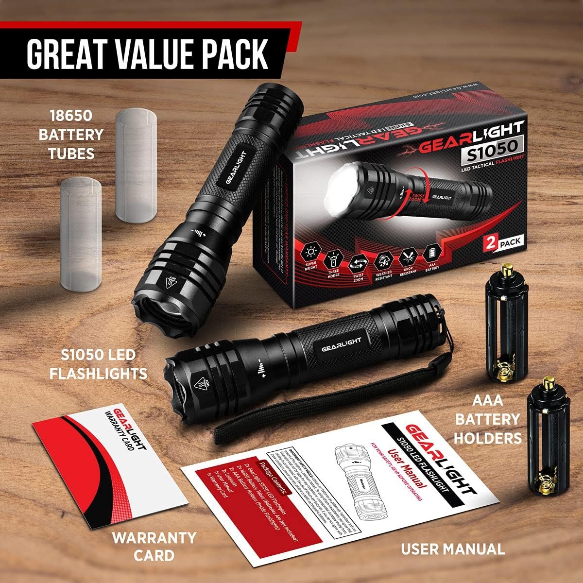 GearLight LED Flashlights S1050 [2 Pack] - Powerful High Lumens Zoomable Tactical Flashlight - Bright Small Flash Light for Camping Accessories, Emergency Gear