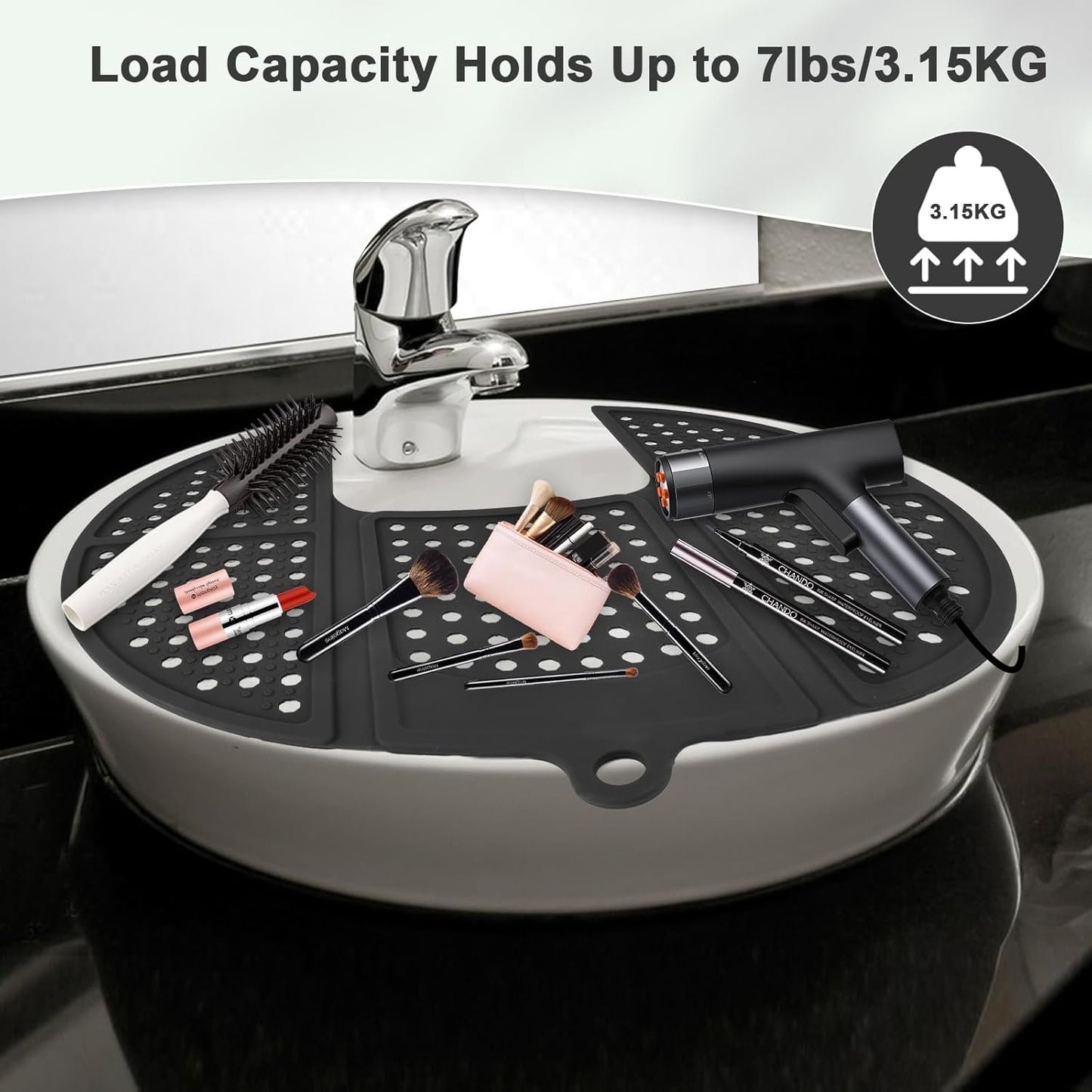 YHJWW Foldable Bathroom Sink Cover for Counter Space, Heat Resistant Silicone Makeup Organizer Mat for Your Beauty Routine, Small Bathroom & Rv Camper Travel Must Haves Accessories, Black
