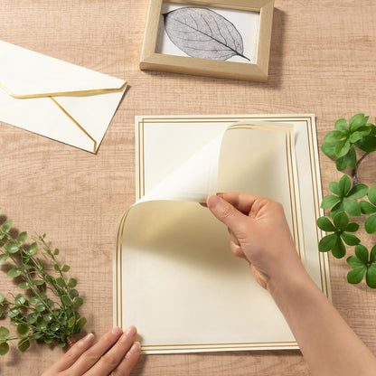 Topeen 50 Pack Stationery Set with Gold Border, #10 Business Envelopes and 8.5x11 Paper Sheets and Stickers for Writing Letters (Cream Color, 8.5x11 Inches)