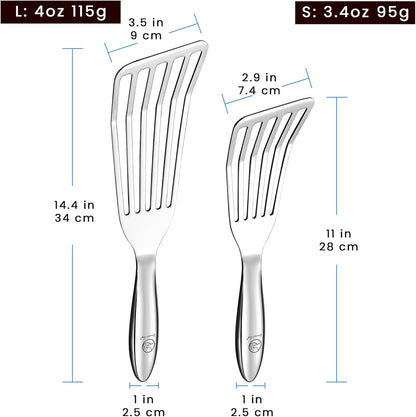 Fish Spatula Stainless Steel Combo - 1 Large Fish Turner + 1 Small Griddle Spatula, Metal Kitchen Tool With Thin Edge for Turning & Flipping