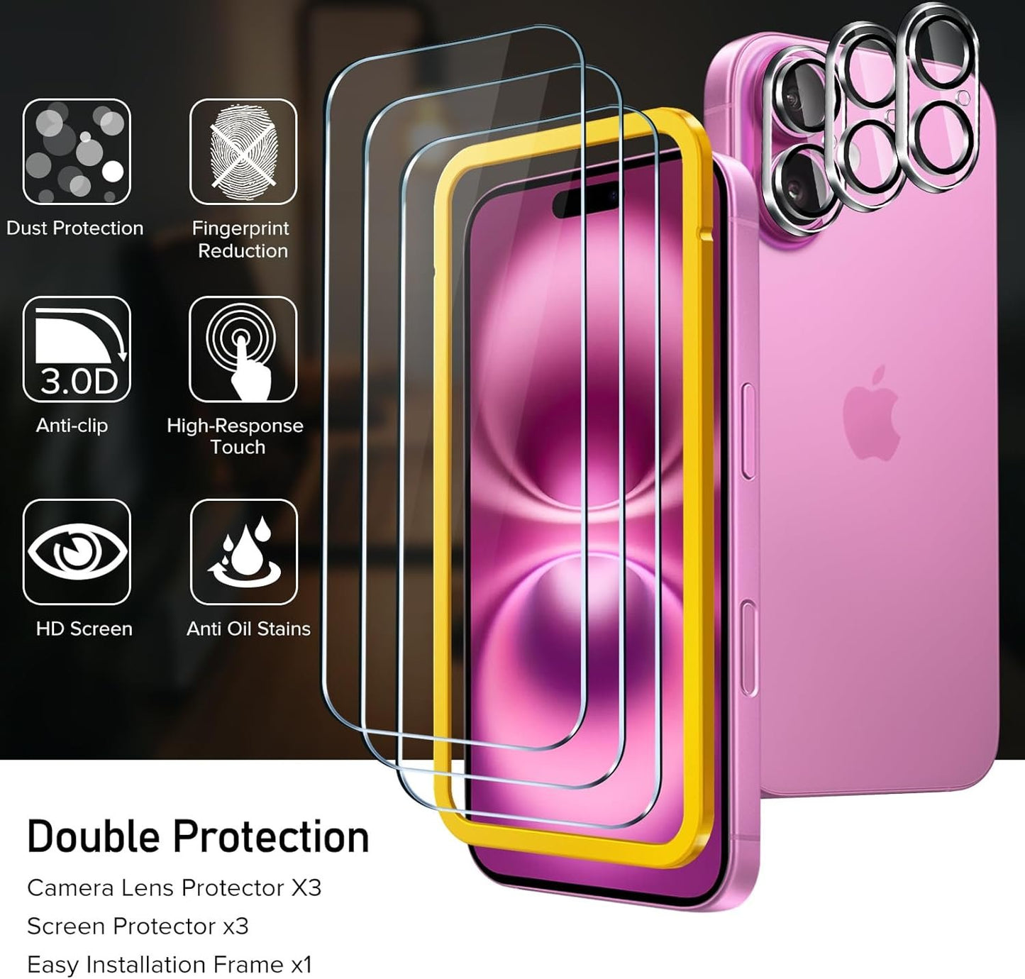 ivoler 3+3 Pack Tempered Glass for iPhone 16 Plus Screen Protector 6.7'' [3 Pack] with [3 Pack] Camera Lens Protector with [Alignment Frame], Anti-Scratch Case Friendly Transparent HD Clear Film