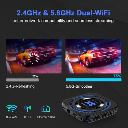 Android TV Box 12.0 4GB RAM 32GB ROM Support 8K 6K Dual-WiFi 2.4G 5.8G Android Box H618 Chipset with HDR10 BT5.0 USB 2.0 3D Ethernet with Mini Backlit Keyboard