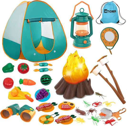MITCIEN Kids Camping Play Tent with Toy Campfire/Marshmallow/Fruits Toys Play Tent Set for Boys Girls Indoor Outdoor Pretend-Play Game