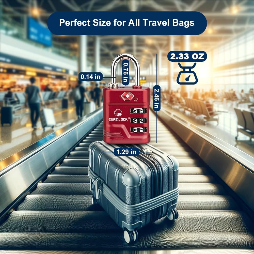 SURE LOCK TSA Locks for Luggage, TSA Approved Luggage Locks with Open Alert, TSA008 Key for High Security, Easy Read Dials, Zinc Alloy Body, Locker Lock for Suitcase, Gym, Travel(Red 2 pk)