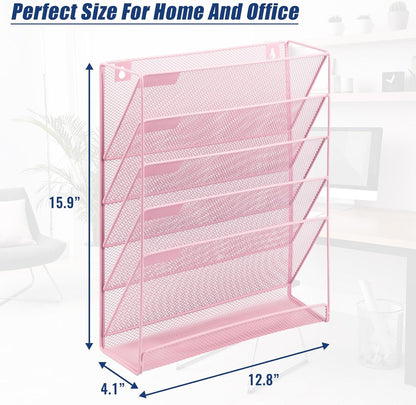 EASEPRES Desk File Organizer Mesh 6-Tier, Hanging Wall Mount Document Organization Stand, Desktop Vertical Mail Paper Folder Holder Rack with Bottom Tray for Office Home Cubicle Countertop, Pink