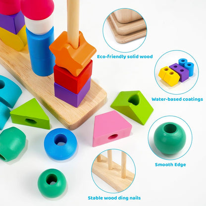 Montessori Toys for 2 3 4 Year Old Kid Boy Girl Toddler, Montessori Wooden Beads Sequencing Toy Set, Lacing Beads & Stacking Block & Matching Shape Stacker, STEM Preschool Learning Toy Birthday Gift
