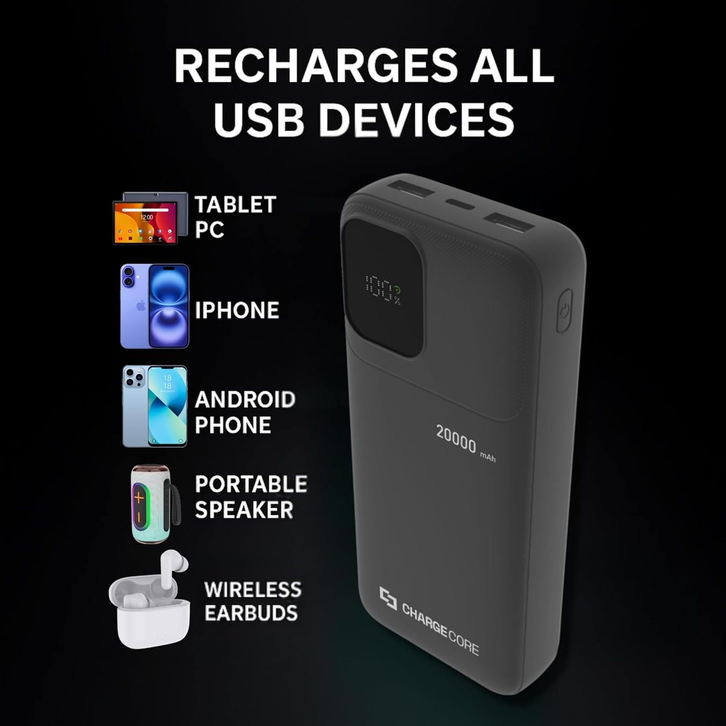 Laser ChargeCore 20000mAh Power Bank, LiFePO4 Battery, LED Display, 20W USB C Fast Charging, Airline Safe, 3 Ports, Includes 3 in 1 Cable for iPhone, iPad, Samsung, Android, Tablet, Switch (Black)