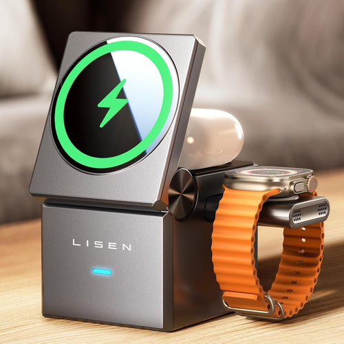LISEN Magsafe Wireless Charger 3 in 1 Wireless Protable Charger Foldable Travel iPhone Charging Station Apple Watch Charger Stand Wireless Phone Charger for iPhone 16 Airpods iWatch (with 20W Adapter)