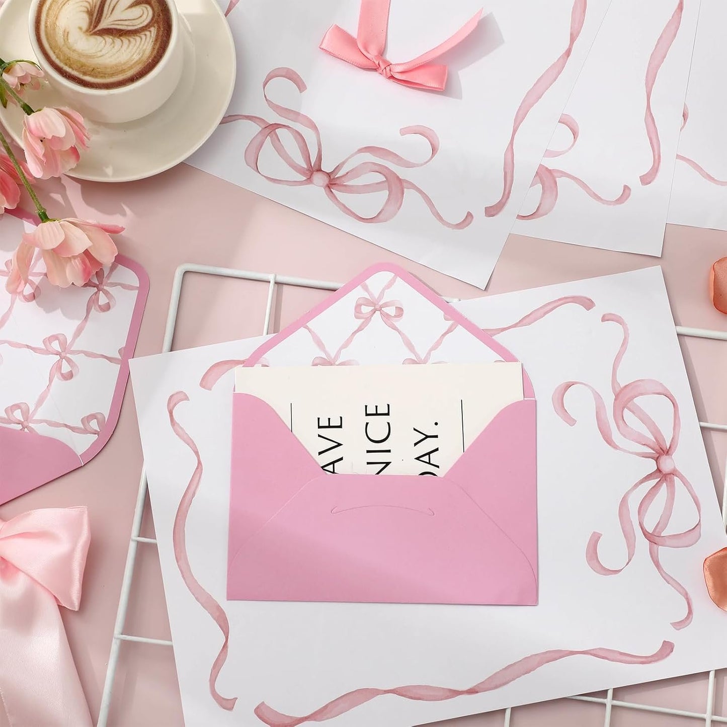 Whaline 60 Pink Bow Stationery Paper Set Cute Bow Knot Letter Writing Paper with Envelopes for Greeting Card Invitation Office Printing, 8.5 x 11 Inch
