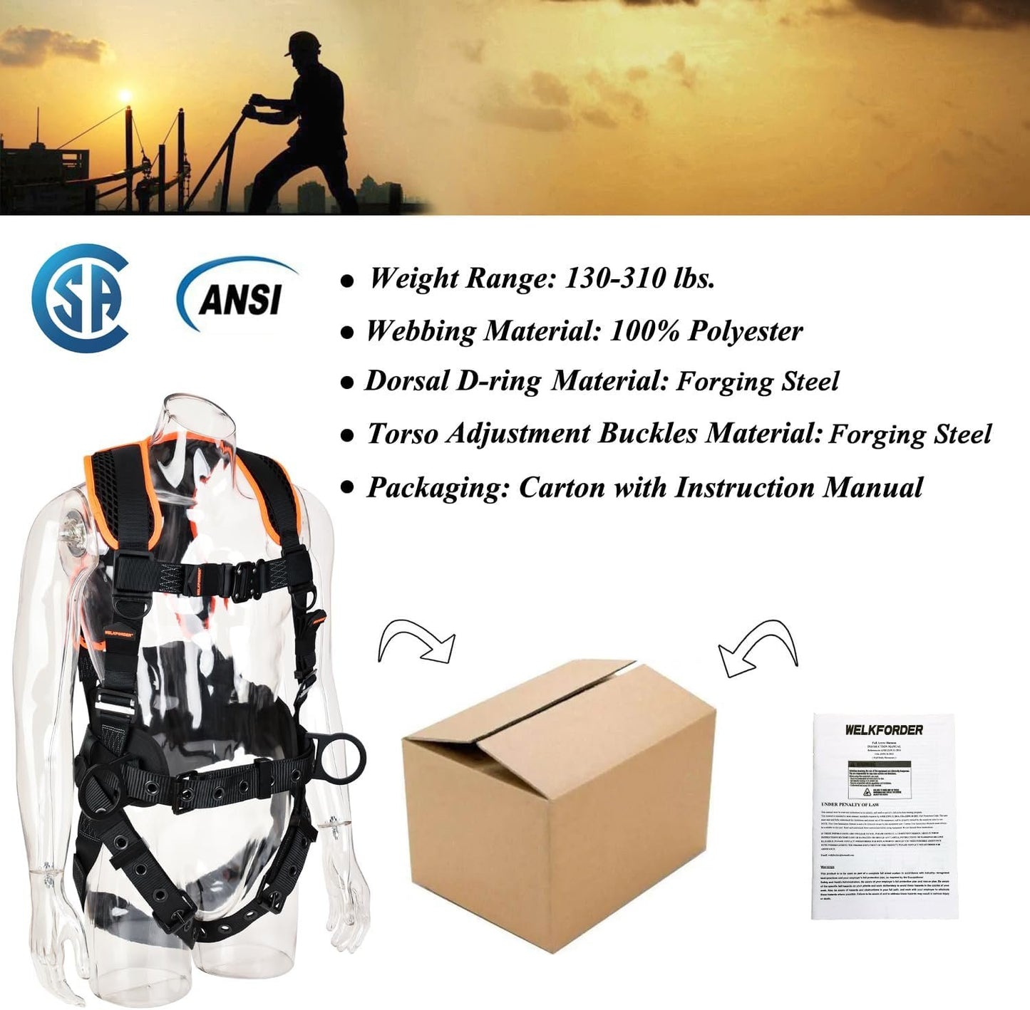 WELKFORDER 3 D-Rings Premium Industrial Fall Protection Safety Harness Iron Torso Adjustment Buckles, Iron Quick Release Buckles | Waist & Shoulder Pad Support CSA＆ANSI Compliant Full Body PPE